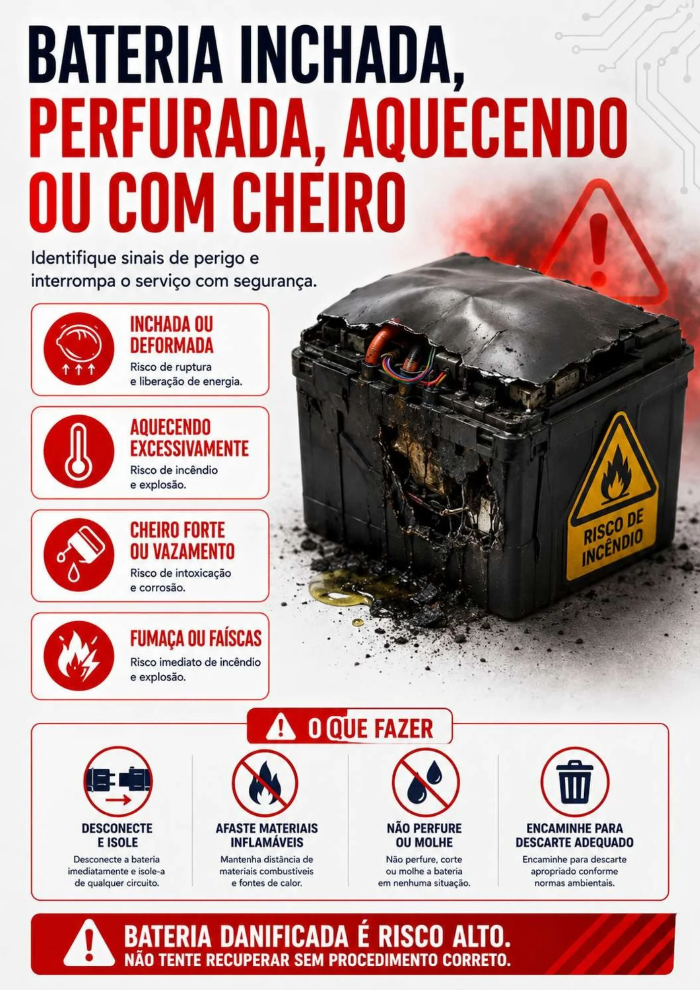 Página do manual com sinais de perigo em baterias danificadas
